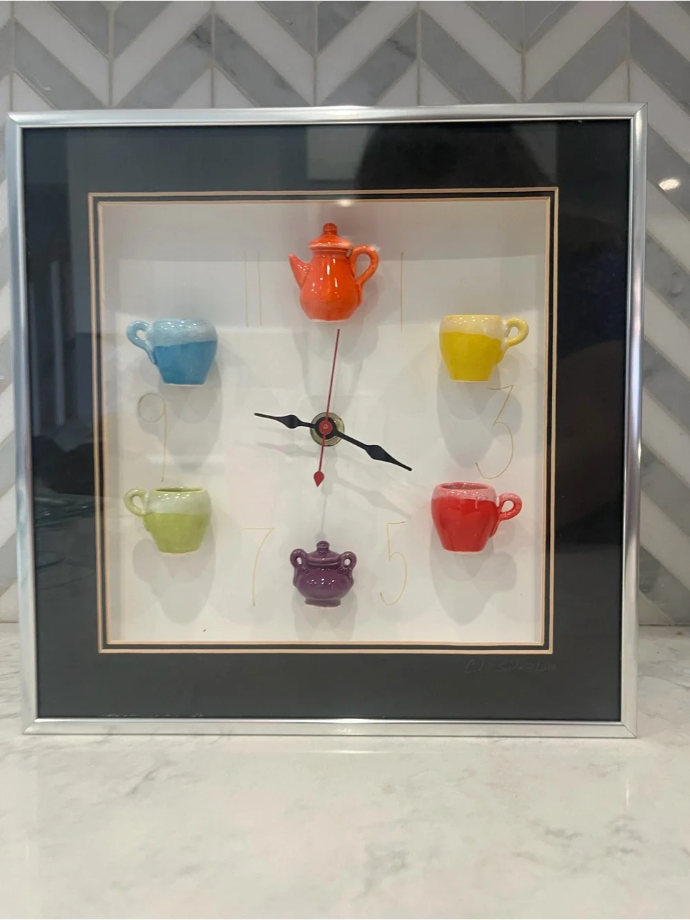 Centuries Clayworks Framed Miniature Ceramic Kettle & Cups Art By Carlos Silva